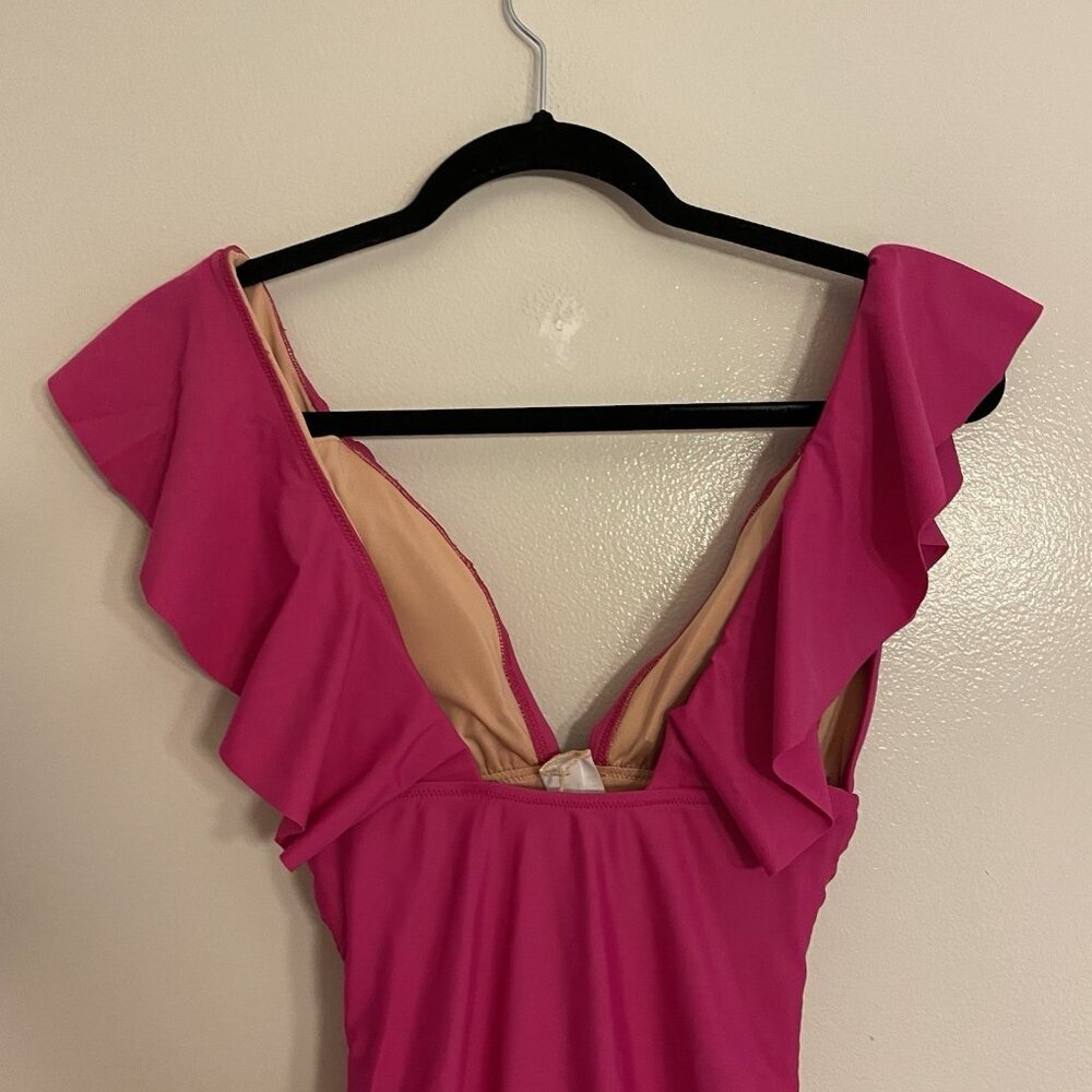 J.Crew Women 4 Radiant Fuchsia Deep V-Neck Ruched Ruffle One-Piece Swimsuit NWT - Picture 13 of 13